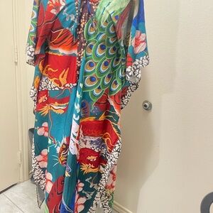 Vibrant Kimono with Peacock and Dragon Design